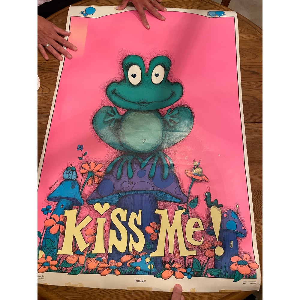 Vintage 1969 Gary Patterson Kiss Me Blacklight Poster Frog Mushroom Littlepeople